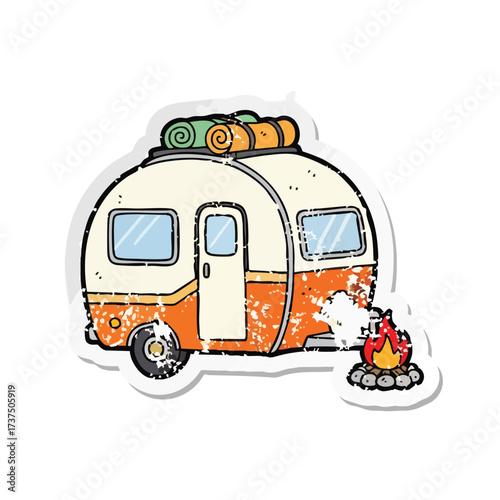 Retro Camping Travel Trailer with Campfire Sticker.