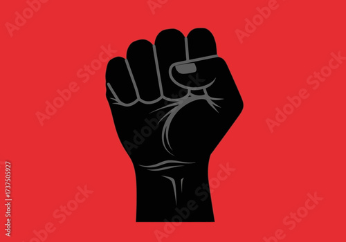 Black clenched fist raised in protest, symbolizing power and unity on a vibrant red background vector illustration.