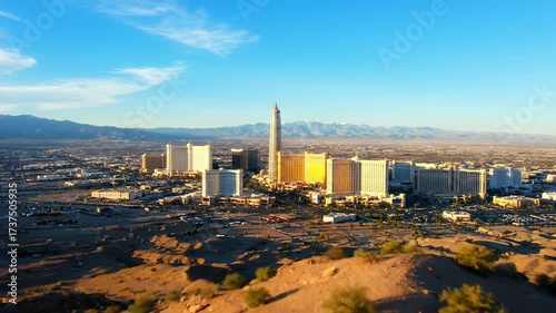 The skyline of Las Vegas features skyscrapers and casinos under a clear sky. The Las Vegas strip's skyscrapers and casinos create an iconic view against the mountains.