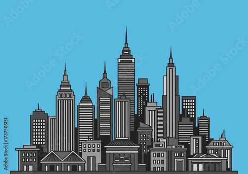 Classic Grayscale City Skyline with Modern Buildings on a Clear Blue Sky Background