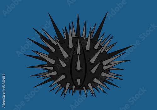 Stylized Black Sea Urchin with Sharp Spikes Illustration on Deep Blue Background