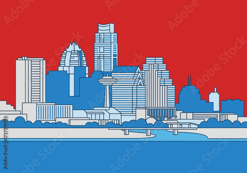 Modern City Skyline with Prominent Buildings and Waterfront on a Blue Sky and Red Background