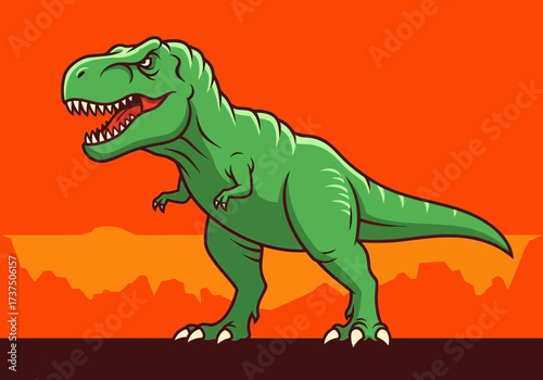 Fierce Green Tyrannosaurus Rex Dinosaur Standing on an Orange Prehistoric Background