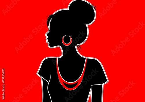 Elegant Woman Silhouette with Earring and Necklace on a Vibrant Red Background