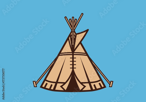 Traditional Native American Teepee or Wigwam Structure on a Clear Blue Background, Cultural Shelter
