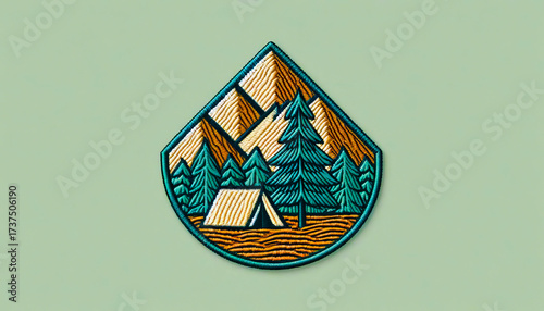  Embroidered patch design, camping adventure theme, mountains and tent, folk art style