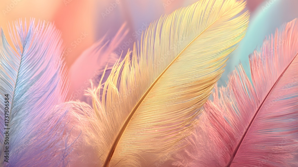 Fototapeta premium captures soft, colorful feathers in a blurred, dreamy composition, featuring pastel shades of pink, yellow, and blue with subtle light and shadow details.