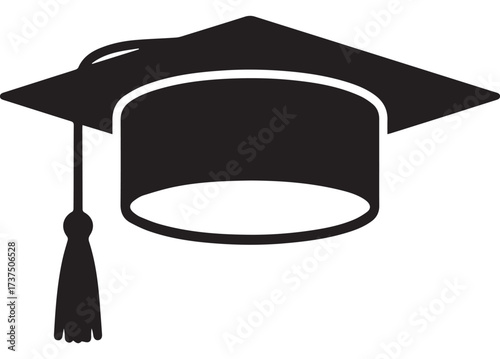 Black Graduation Cap Icon with Tassel on White academic cap