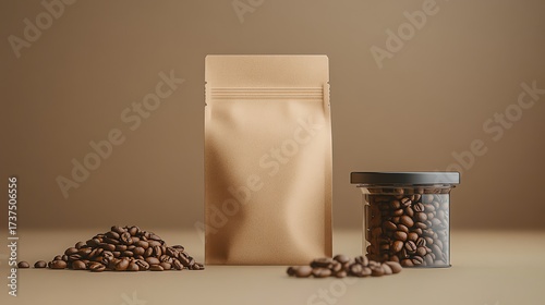 A coffee-themed still life featuring a bag, jar, and pile of coffee beans, set against a neutral background.