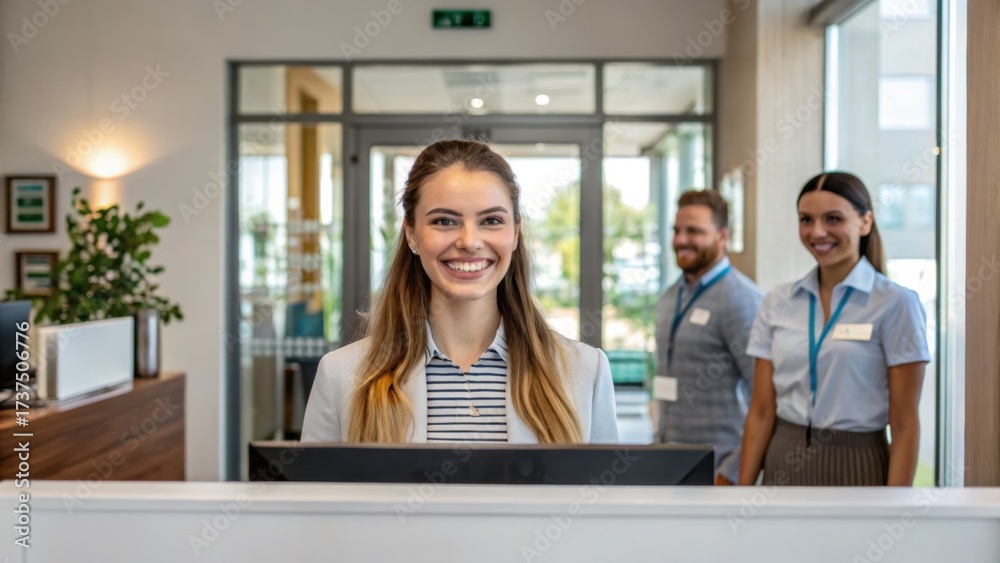 Fototapeta premium customer first approach Smiling receptionist welcomes guests at a modern office reception area.