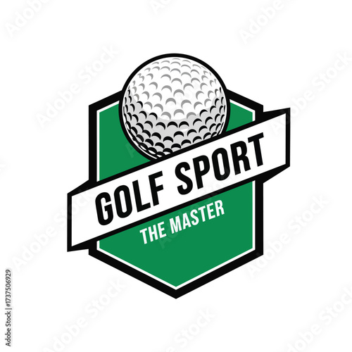 Vector art of golf sport logo featuring a golf ball on a green hexagon with white banner, promoting the master of the game generative ai