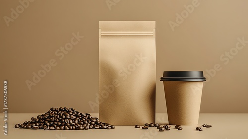 A coffee bag and cup with beans. A simple, elegant shot for coffee lovers and businesses.