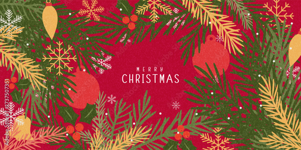 Naklejka premium Merry Christmas and Happy New Year cards, posters, holiday covers. Set of greeting Xmas banner templates with hand drawn trees, holly berries, fir branches, plants, snowflakes pattern, snow, ball