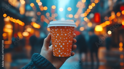 A cozy beverage in hand, amidst the vibrant city lights. A moment of warmth in the urban chill.