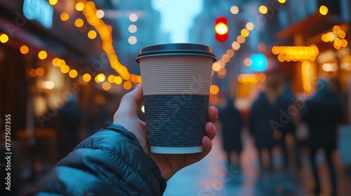 A hand holds a warm beverage against a blurred city backdrop, creating a cozy urban moment.