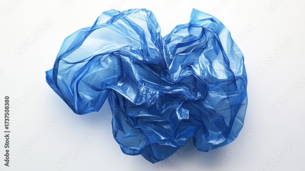 Fototapeta premium 26.A top-down perspective of a crumpled blue plastic bottle, slightly distorted with various folds and creases, creating a realistic texture with fine details in the plastic's transparency.