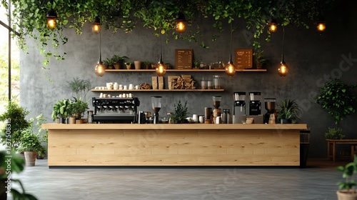 A bright and inviting cafe interior. The space is filled with natural light and lush greenery.