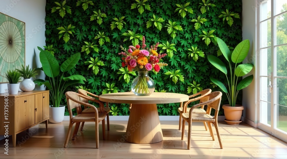 Fototapeta premium A sunlit dining room features a round wooden table, light wood chairs, a vibrant floral arrangement, and a lush green living wall providing a tranquil and inviting atmosphere.