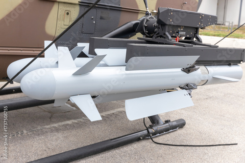 Modern military helicopter mounted guided air-to-surface missiles and advanced weapon system technology for defense and security industry