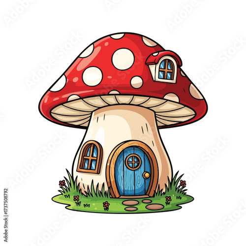 Whimsical cartoon fairy mushroom house illustration.
