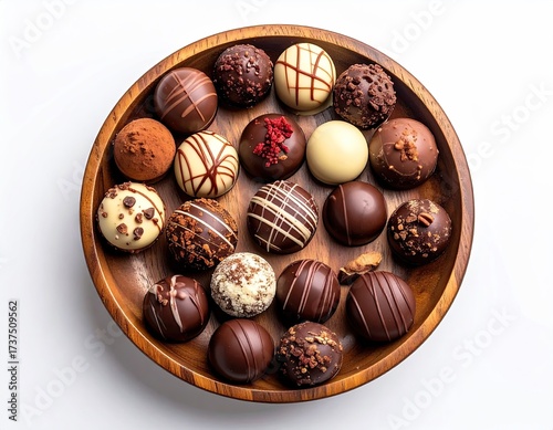 Assorted chocolate truffles in a wooden bowl, high angle