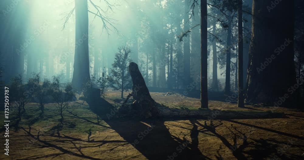 In a serene forest, tall trees loom overhead as thick mist swirls between them. Shadows stretch across the ground, adding to the tranquil yet mysterious ambiance of the location.