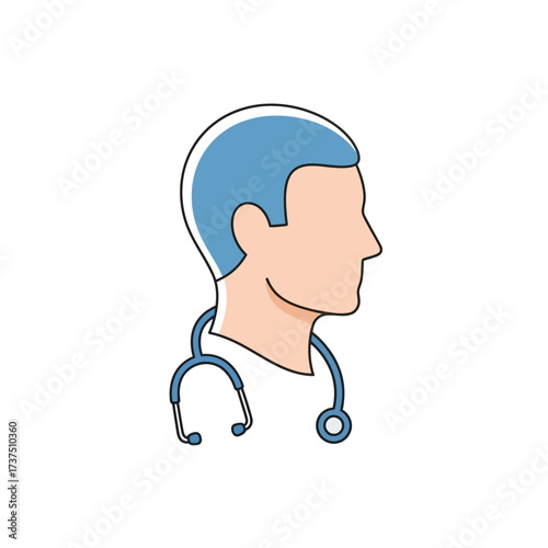 A side profile illustration of a doctor with a stethoscope around his neck.