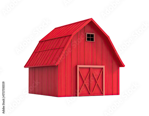 A bright red, gabled barn, featuring doors, a small window, and a metal roof