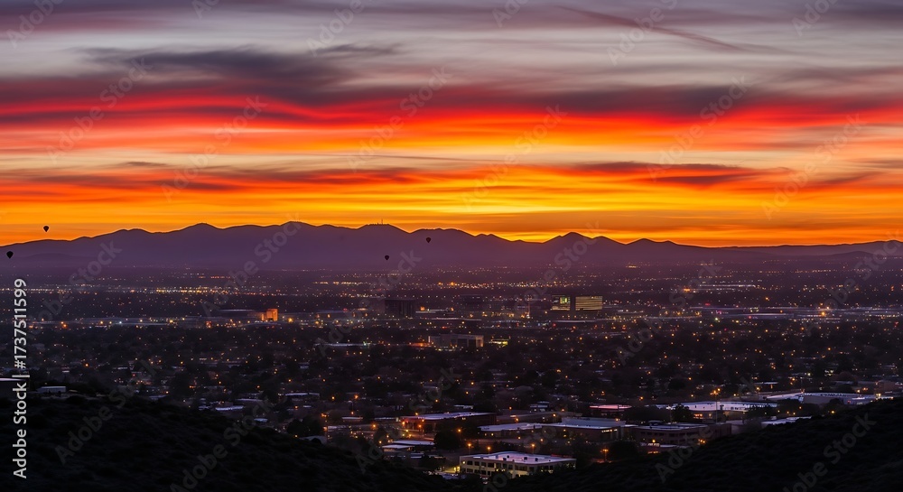 Naklejka premium Vibrant Fiery Sunset Over a Sprawling City and Mountains.