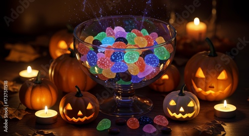 Enchanting Halloween Still Life: A captivating composition of carved pumpkins, glowing candies, and flickering candlelight creates a mysterious and festive ambiance.