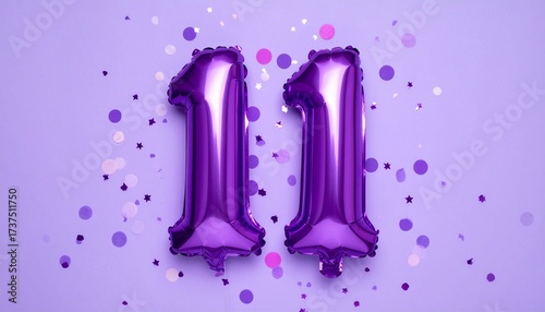 Purple balloon number 11 with confetti on solid colored background. Photo for anniversary or birthday party