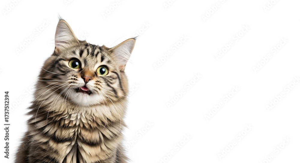 Obraz premium Funny tabby cat with tongue out isolated on white background is looking up