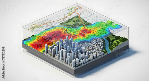 3D isometric city visualization showing urban development overlayed with environmental data and topography