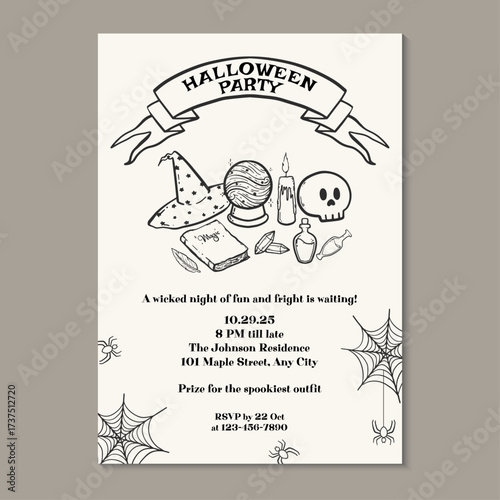 Halloween party invitation with hand-drawn witchy objects. Vector illustration hand drawn halloween party template.