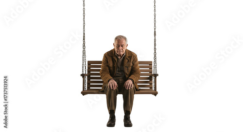 Person sits alone on wood swing with dark background, for portrait photography, social media, video backdrop.