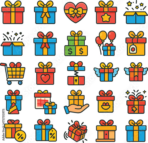 Colorful gift icons for celebration and presents