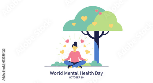 Minimalist Flat Illustration Woman Meditating Under Tree for Mental Health Day