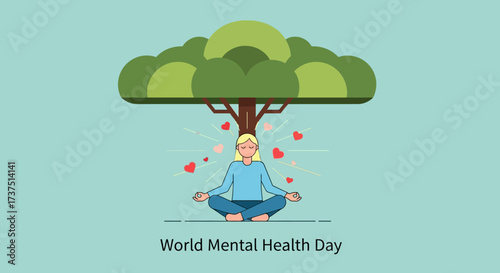 Flat Design Meditating Woman Under Tree with Hearts for Mental Health Day