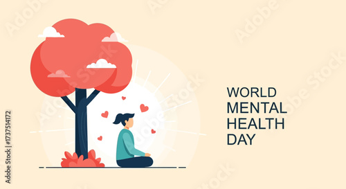 Modern Flat Illustration Woman Meditating Under Tree For World Mental Health Day