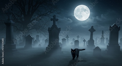 Mysterious graveyard scene: A black cat cautiously walks through a mystical graveyard, illuminated by the moon's spectral glow, with headstones, and an old tree casting eerie shadows.