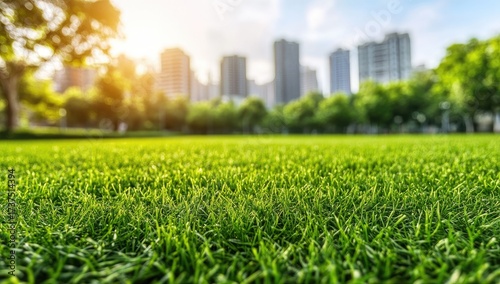 Green lawn with city skyline and trees in the background