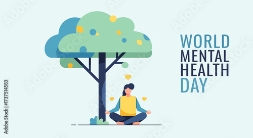 Minimalist Flat Illustration of World Mental Health Day with Meditating Woman