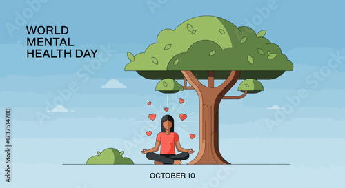Simple Flat Illustration World Mental Health Day Meditation Under Tree
