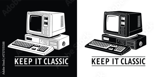 Retro computer setup with keyboard and floppy disk drive, text keep it classic, presented in black and white on black and white backgrounds, isolated on white background