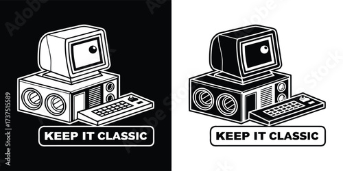 Keep it classic illustration with retro computer, monitor, speakers, and remote control, vintage technology and entertainment concept