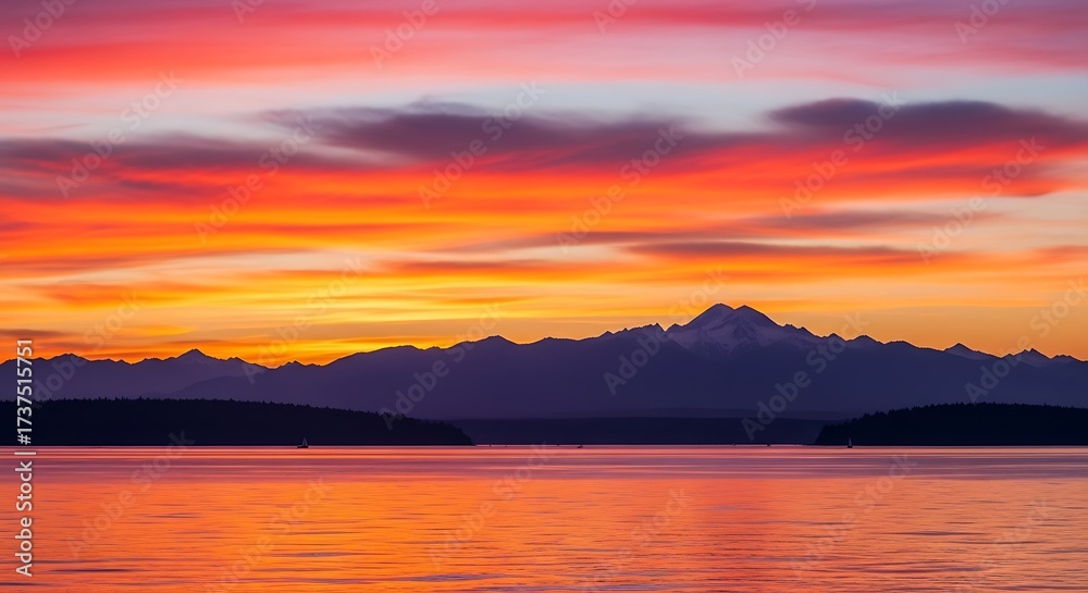 Obraz premium Vibrant Sunset Over Mountain Range and Calm Water.