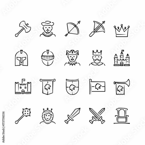 Medieval kingdom icons depicting royalty, weaponry, and heraldry, perfect for fantasy themes, history projects, and game design, offering a classic aesthetic