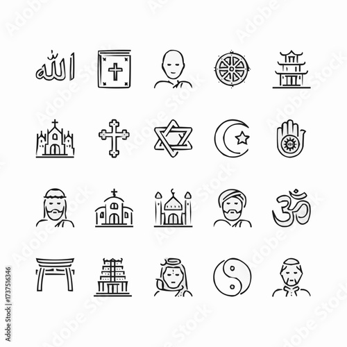 Diverse religious symbols representing global faiths and spiritual beliefs, perfect for promoting interfaith dialogue and understanding,originally vector graphics