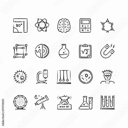 Explore science with fun icons showcasing learning, experiments, and discovery, perfect for education, research, and school projects, originally a scalable graphic
