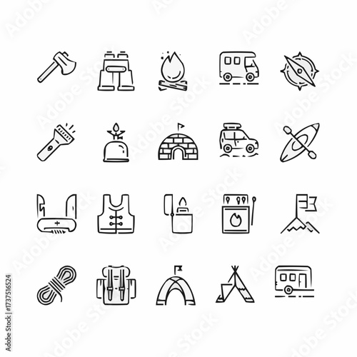 Adventure awaits with essential camping and outdoor exploration icons perfect for websites and marketing materials, ideal for travel and outdoor enthusiasts